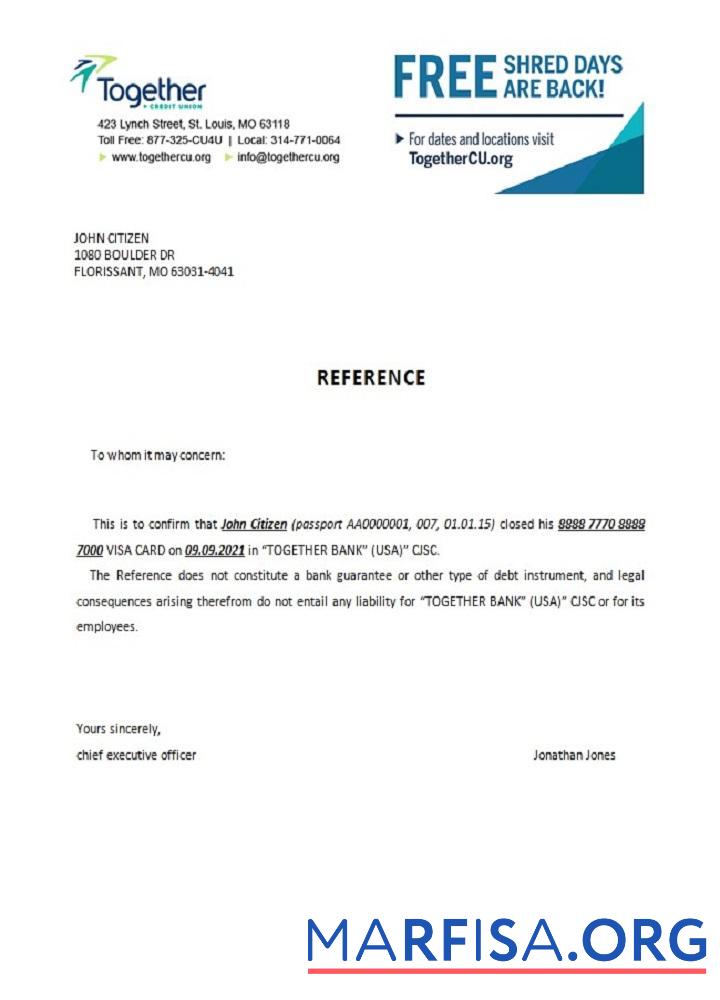 Printable USA Together closure reference example